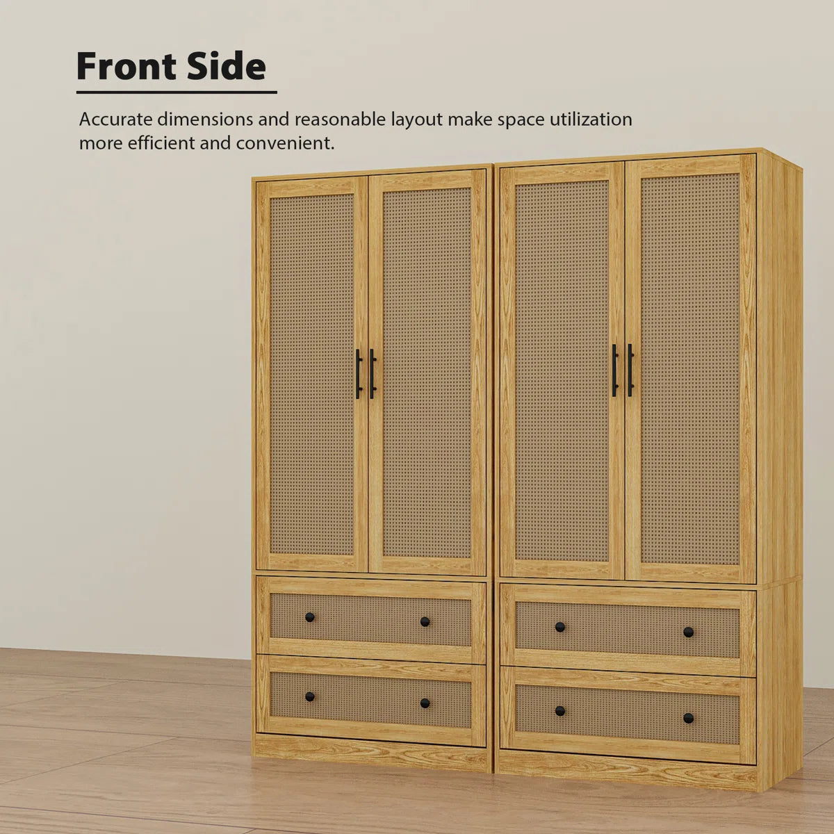 62.8" Wide 4-Rattan Door Wardrobe Closet Set With 4 Drawers & Anti-Tip Design