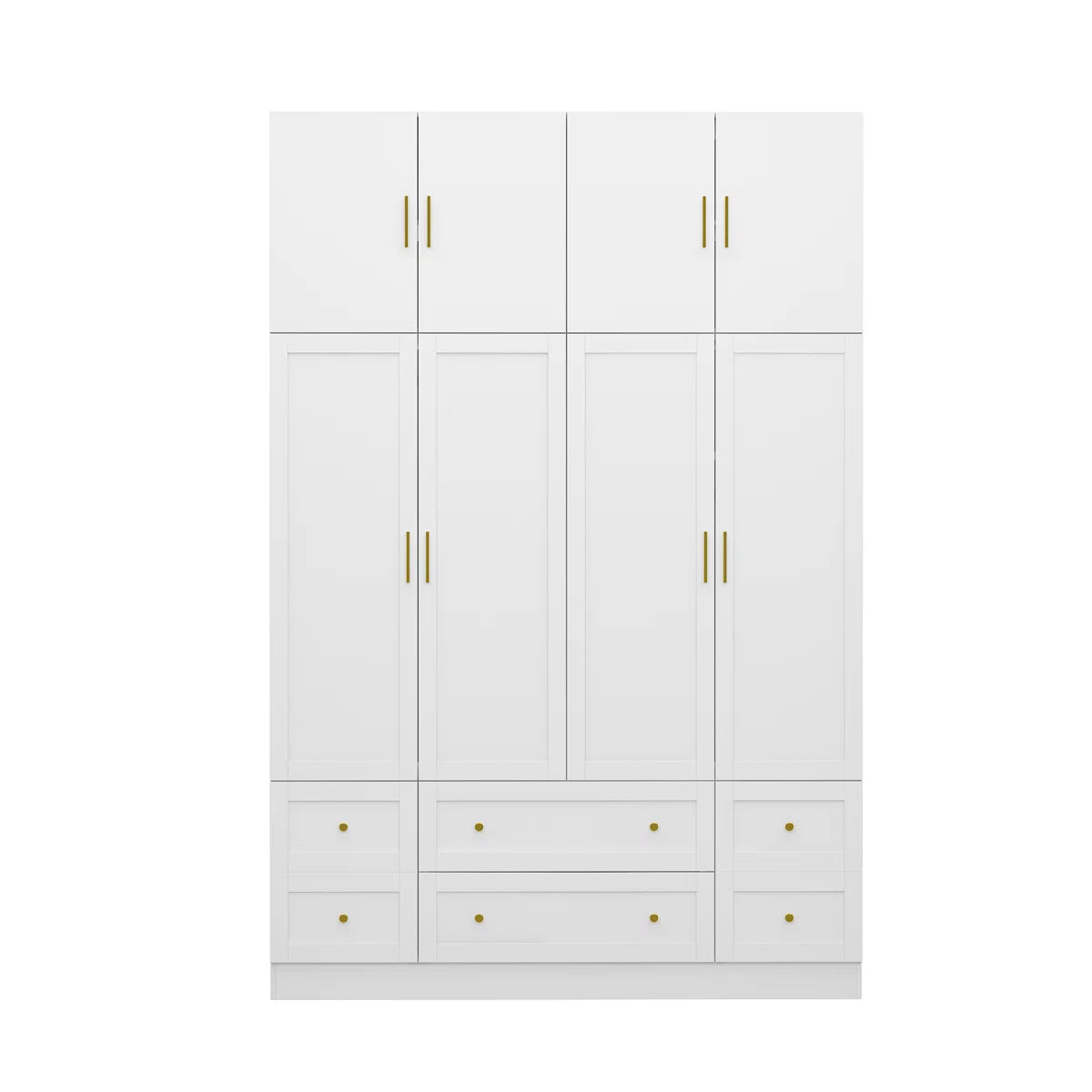 Modern White Wardrobe Closet With Top Cabinets And Drawers, Freestanding Armoire With Hanging Rods & Storage Shelves, Gold Handles