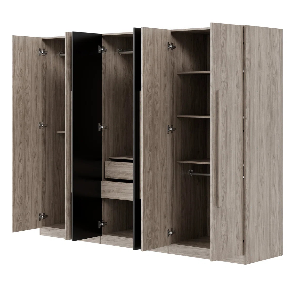 Wooden 6-Door Wardrobe Closet with 4 Drawers, Bedroom Storage Cabinet Armoire with Hanging Rods and Shelves, Clothes Organizer for Home,Black+Nature
