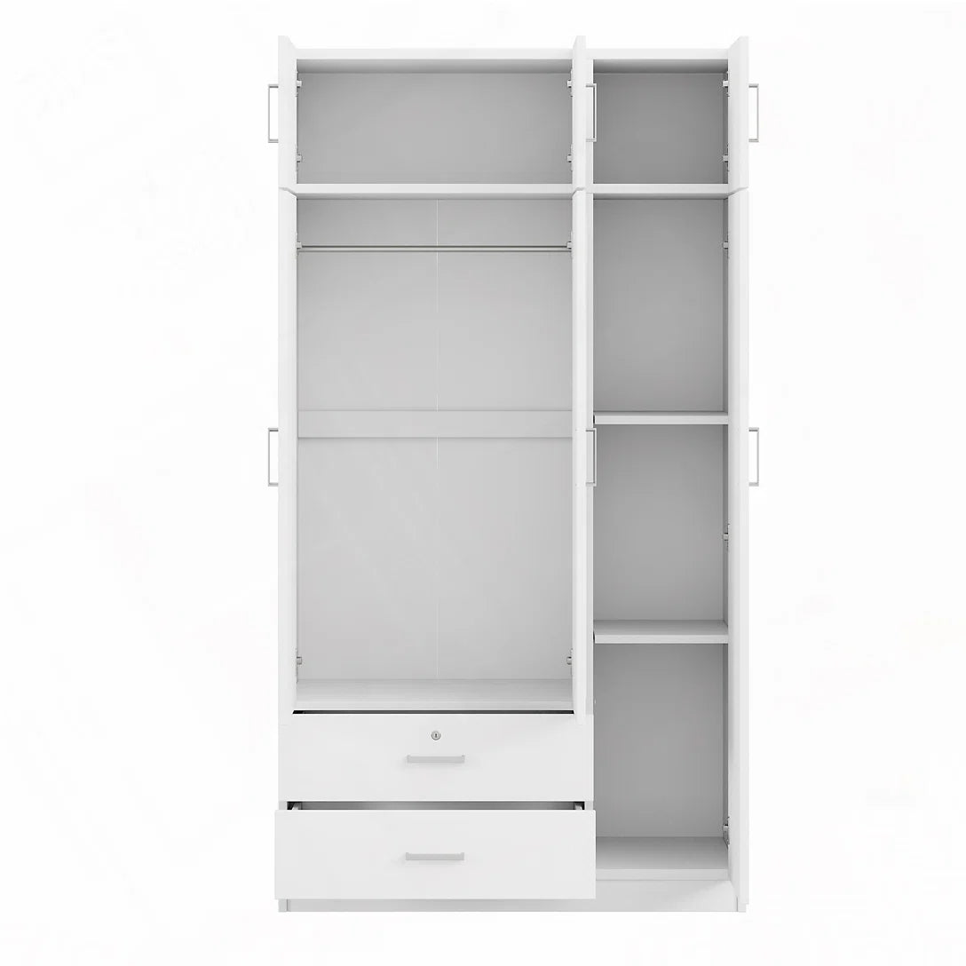 Izzat Wood Freestanding Wardrobe with Built-In Mirror, 2 Drawers and Top Cabinet