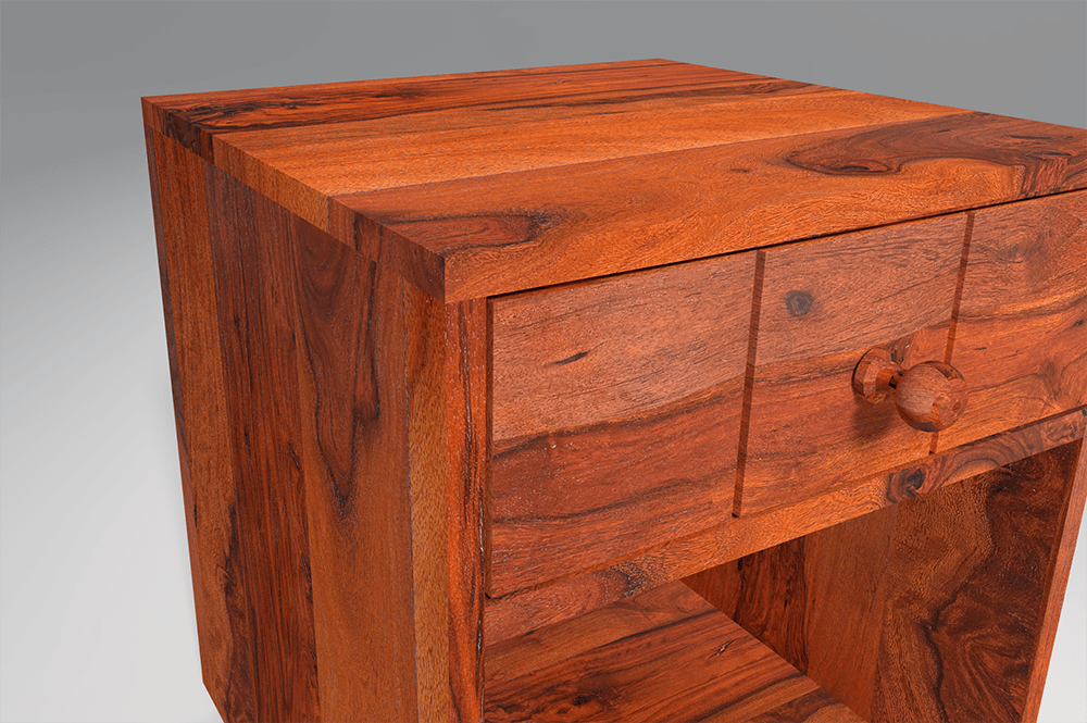 Rica Sheesham Wood Bed Side Table with Drawer In Reddish Rosewood