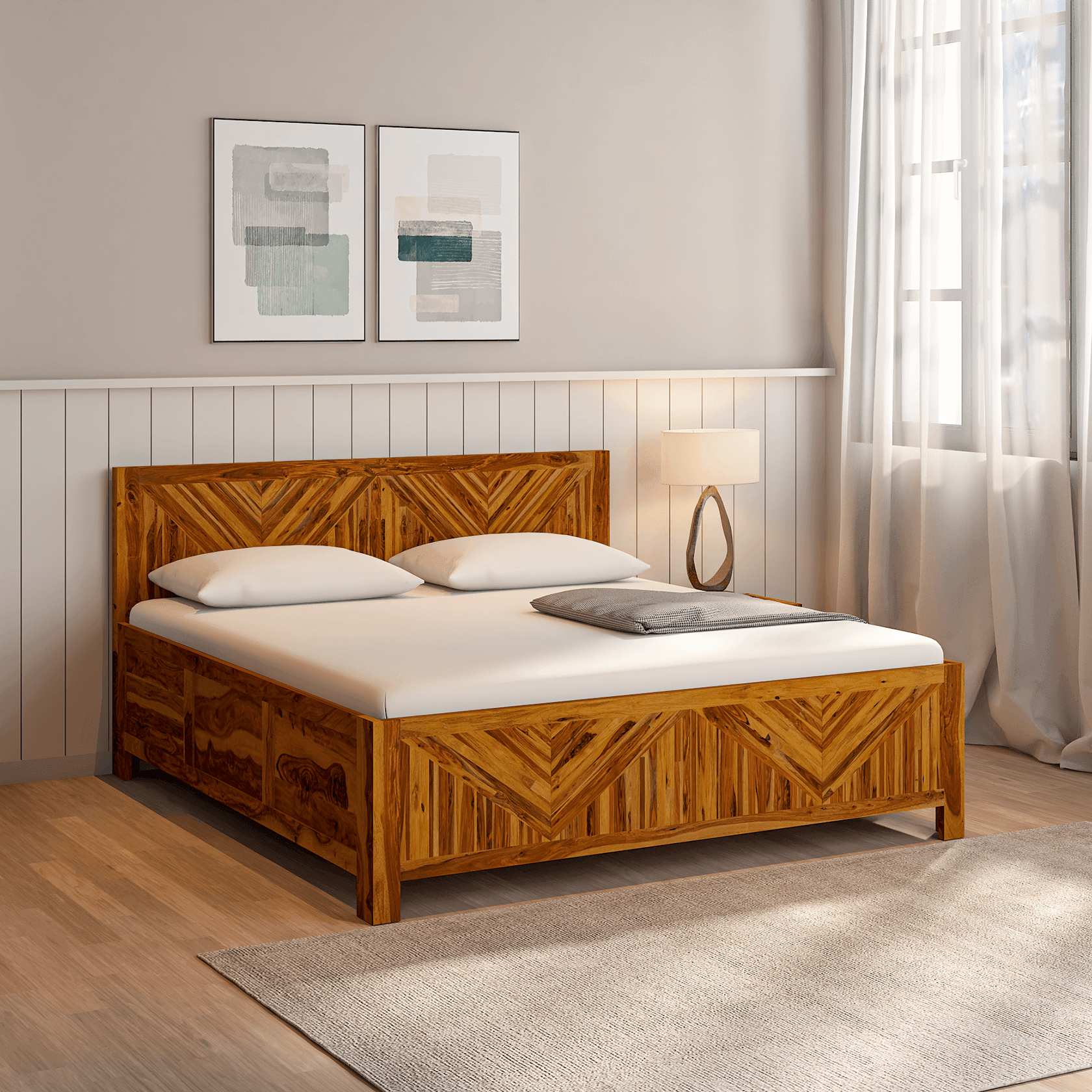 Alpha Sheesham Wood Bed In Light Honey With Box Storage