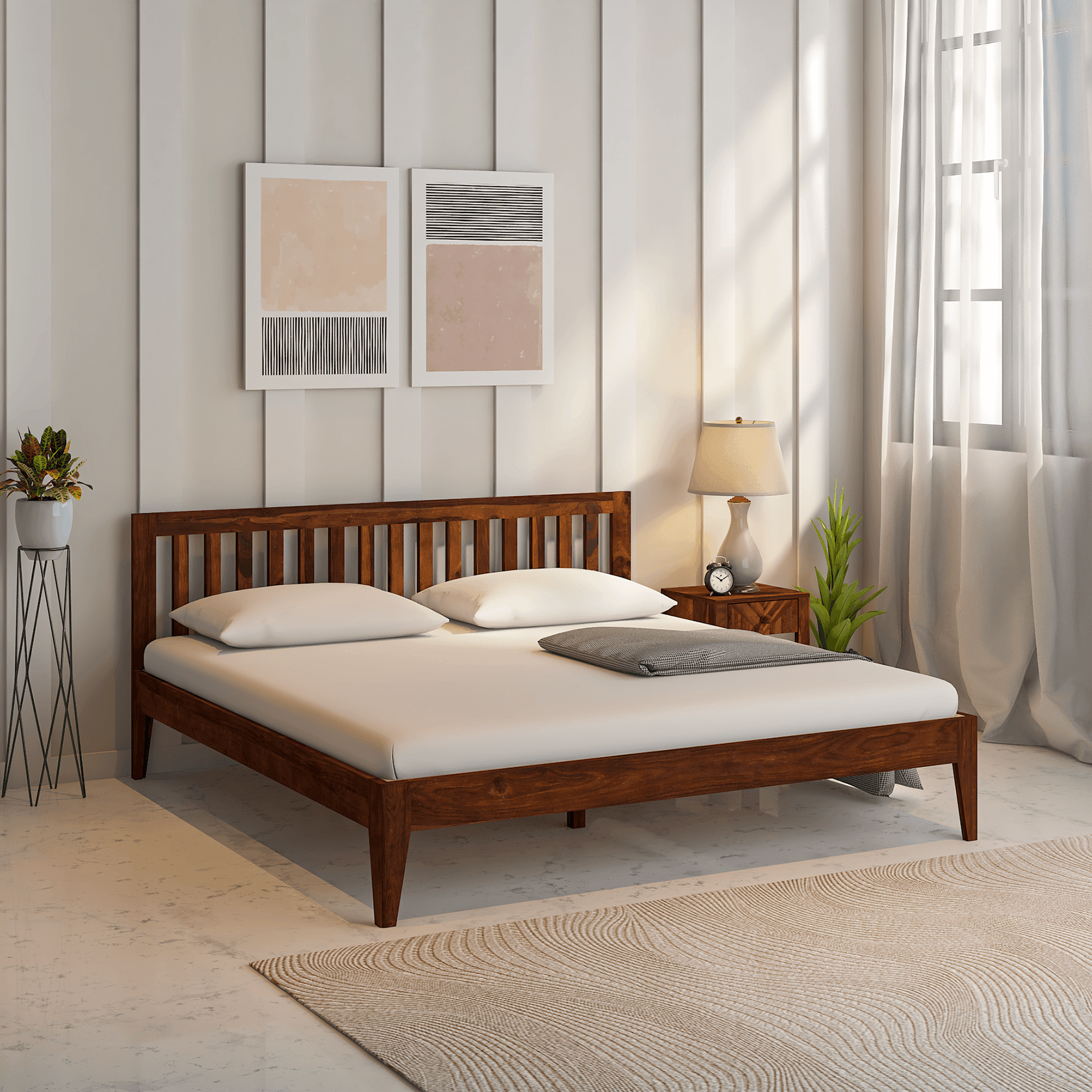 Luxy Low Sheesham Wood Bed In Light Rosewood Without Box Storage