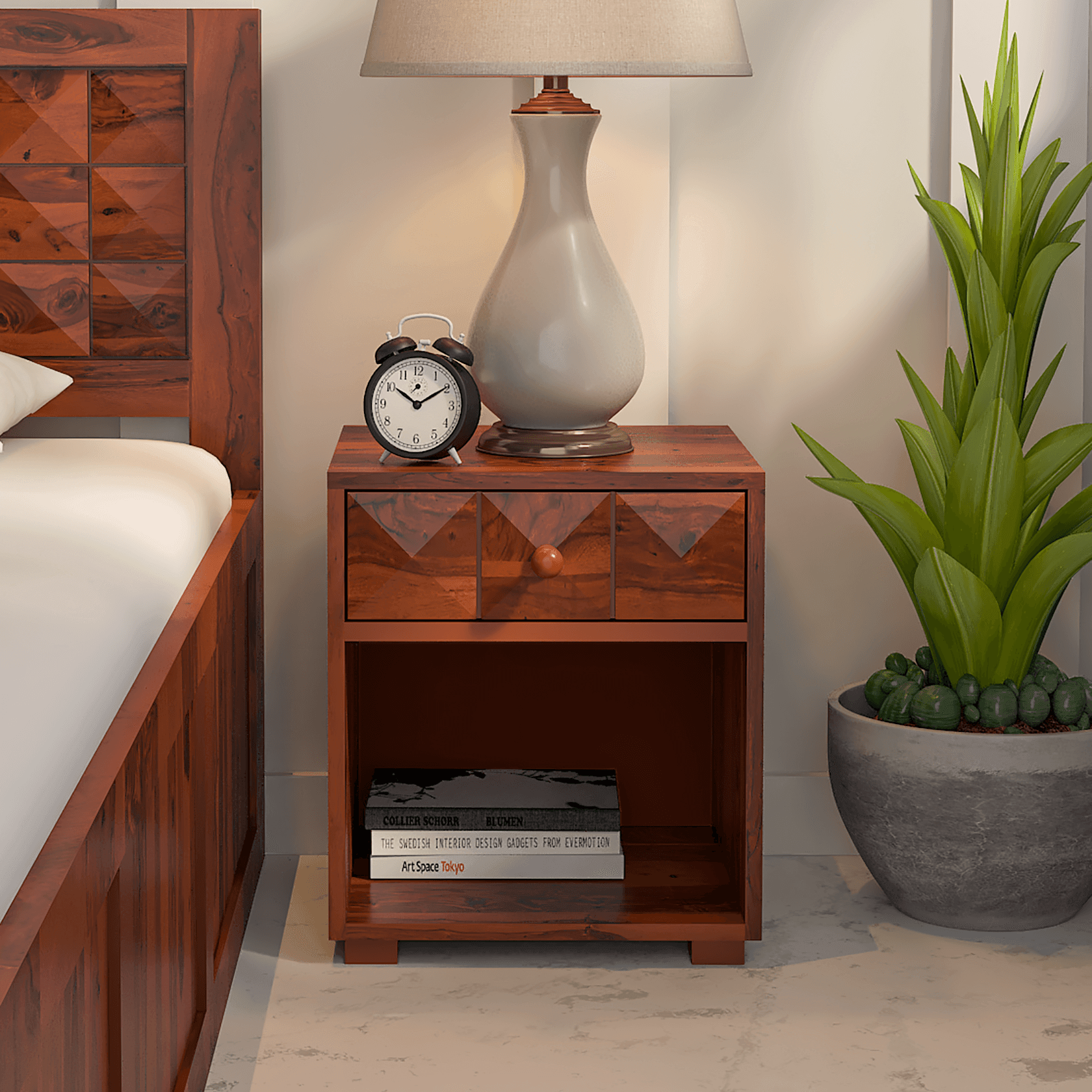 Rica Sheesham Wood Bed Side Table with Drawer In Reddish Rosewood