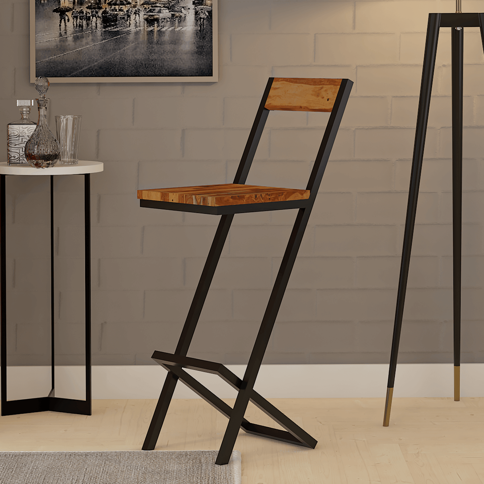 Sevio Iron And Sheesham Wood Bar Chair In Light Honey