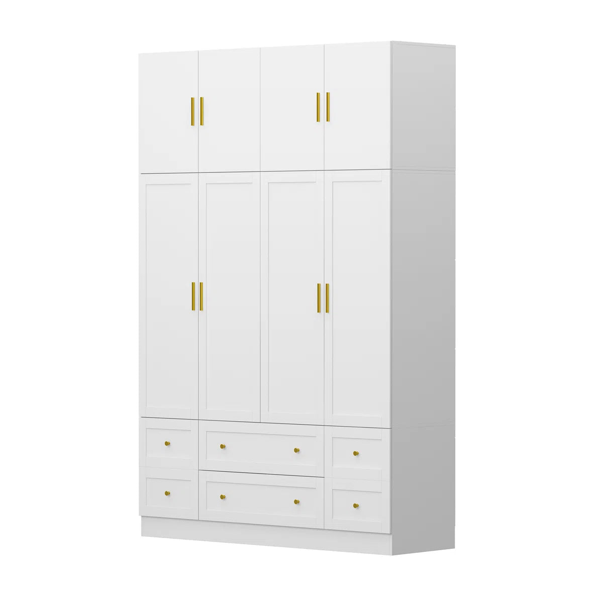 Modern White Wardrobe Closet With Top Cabinets And Drawers, Freestanding Armoire With Hanging Rods & Storage Shelves, Gold Handles