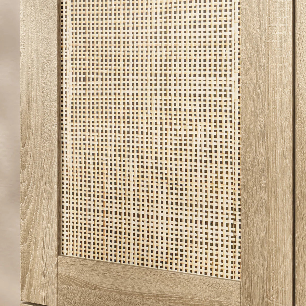 Modern 3-Door Wardrobe With Rattan Panels, Spacious Drawers, And Adjustable Shelving For Bedroom Organization