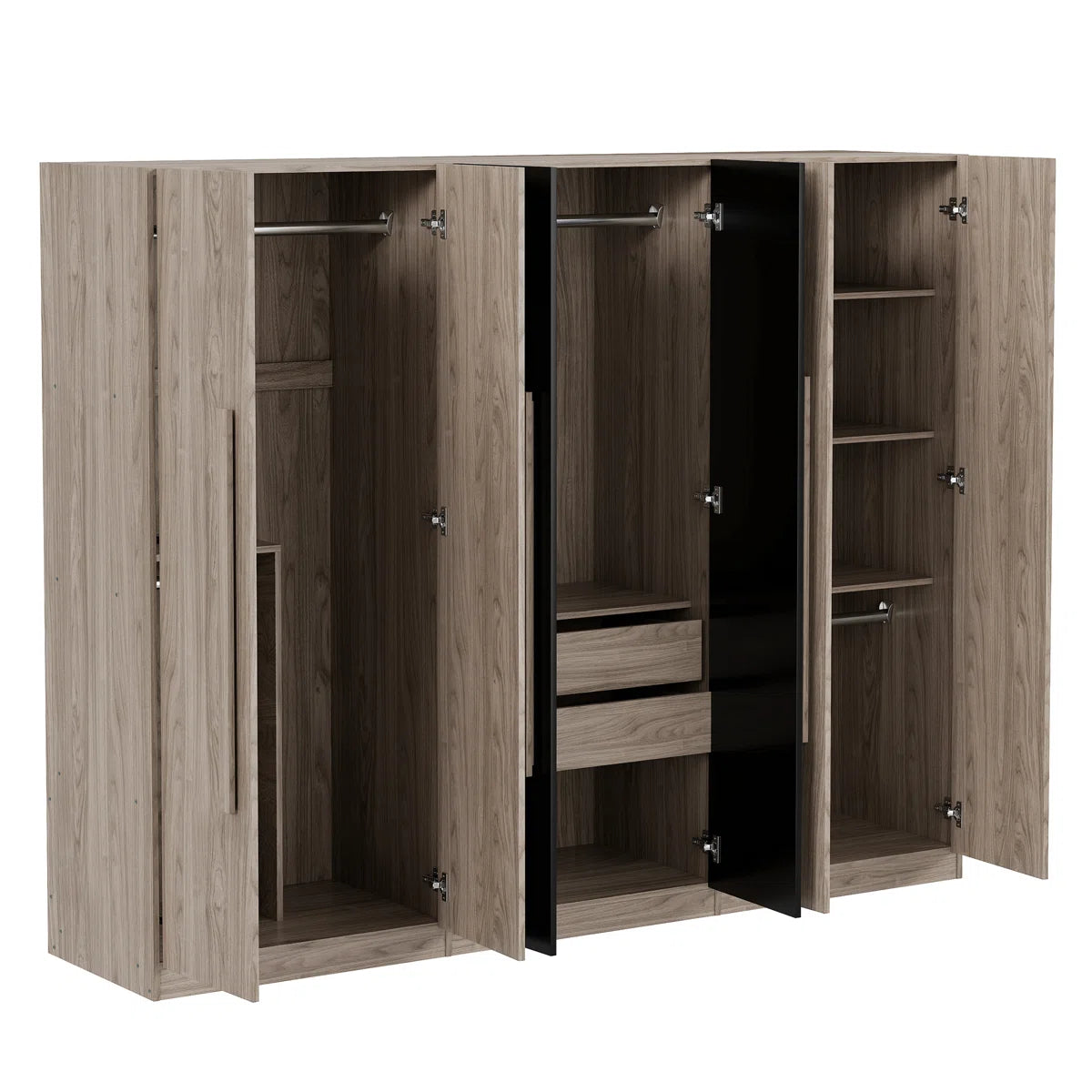 Wooden 6-Door Wardrobe Closet with 4 Drawers, Bedroom Storage Cabinet Armoire with Hanging Rods and Shelves, Clothes Organizer for Home,Black+Nature