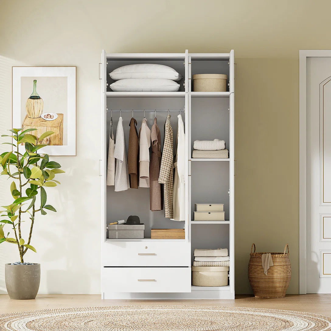 Izzat Wood Freestanding Wardrobe with Built-In Mirror, 2 Drawers and Top Cabinet