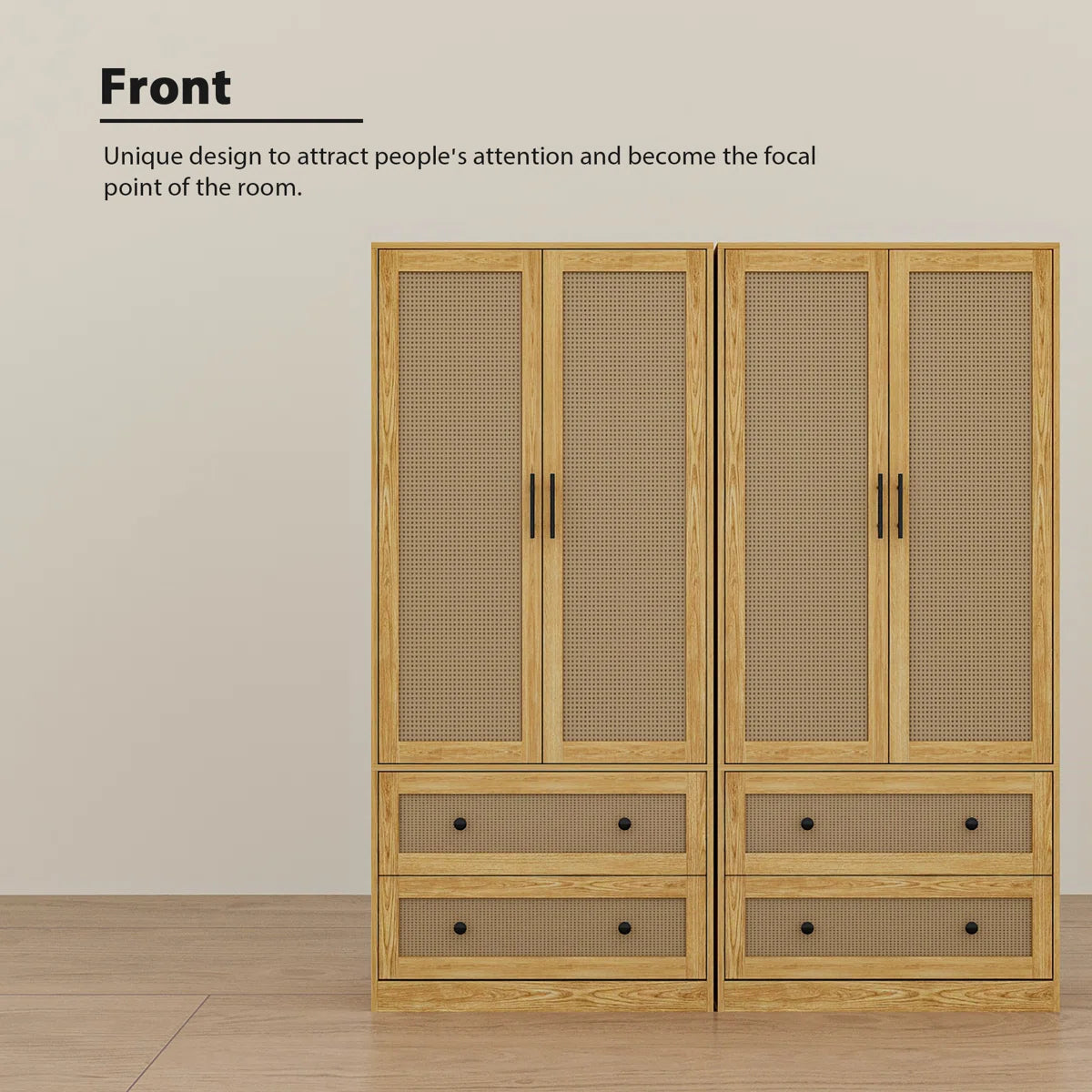 62.8" Wide 4-Rattan Door Wardrobe Closet Set With 4 Drawers & Anti-Tip Design