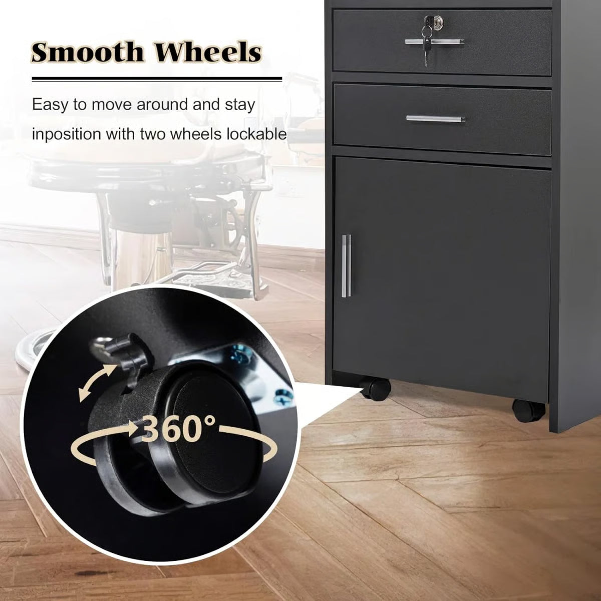 17.75" Modern Italian Beauty Storage Cabinet, Hairdressing Cart, Mobile Styling Table, Stylist Equipment With 2 Hair Dryer Holders, Black