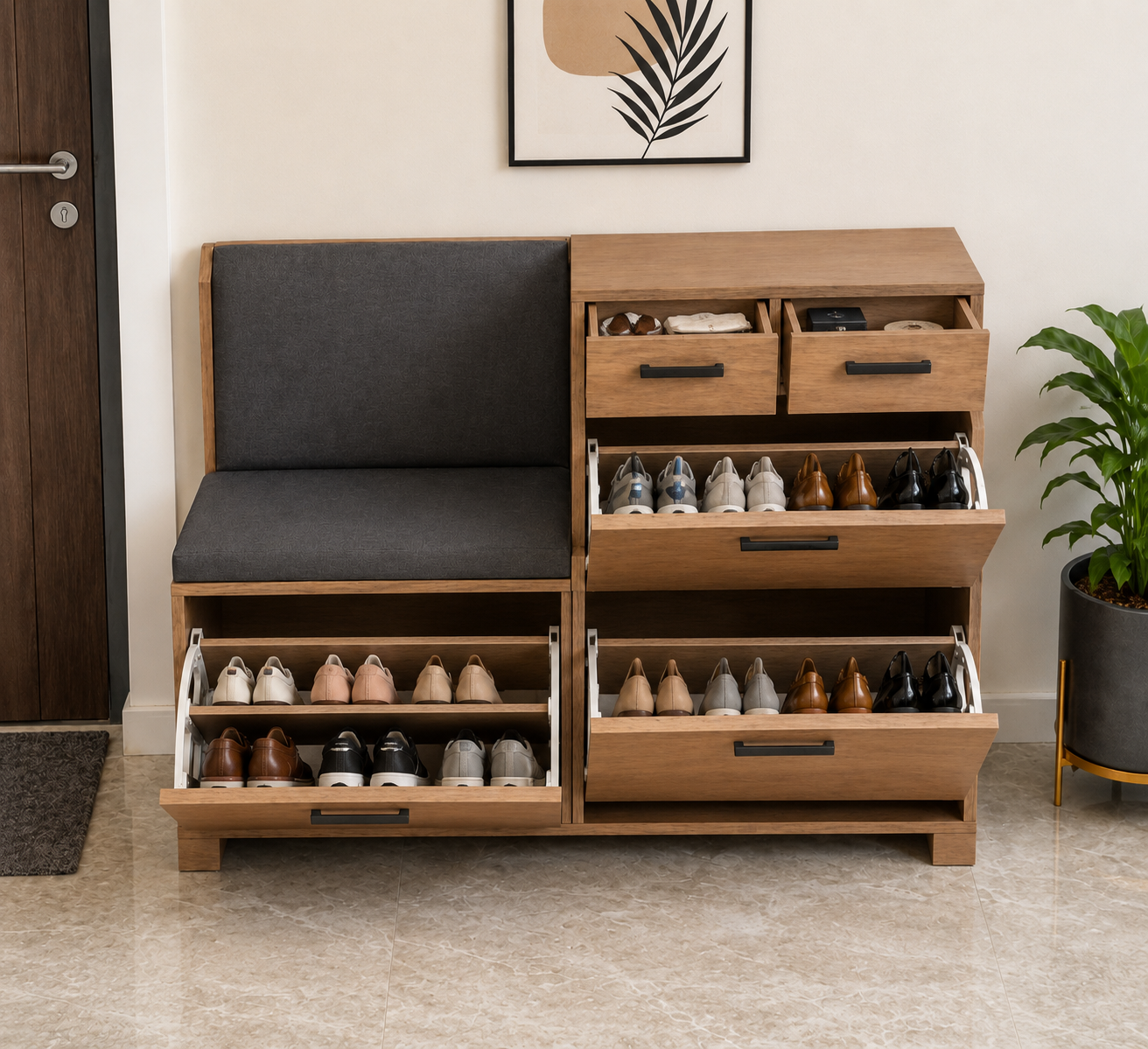 Modern Wooden Shoe Storage Cabinet with Cushioned Bench Seat | Entryway Shoe Organizer with Soft-Close Drawers & Matte Black Handles