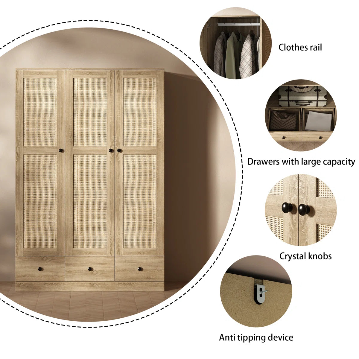 Modern 3-Door Wardrobe With Rattan Panels, Spacious Drawers, And Adjustable Shelving For Bedroom Organization