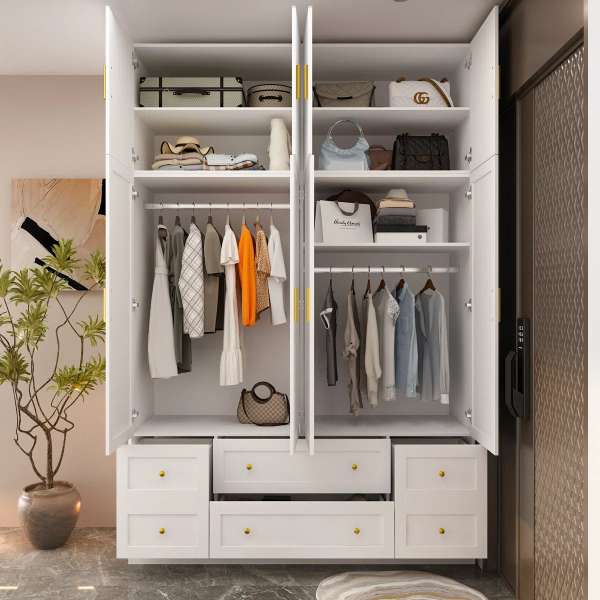 Modern White Wardrobe Closet With Top Cabinets And Drawers, Freestanding Armoire With Hanging Rods & Storage Shelves, Gold Handles