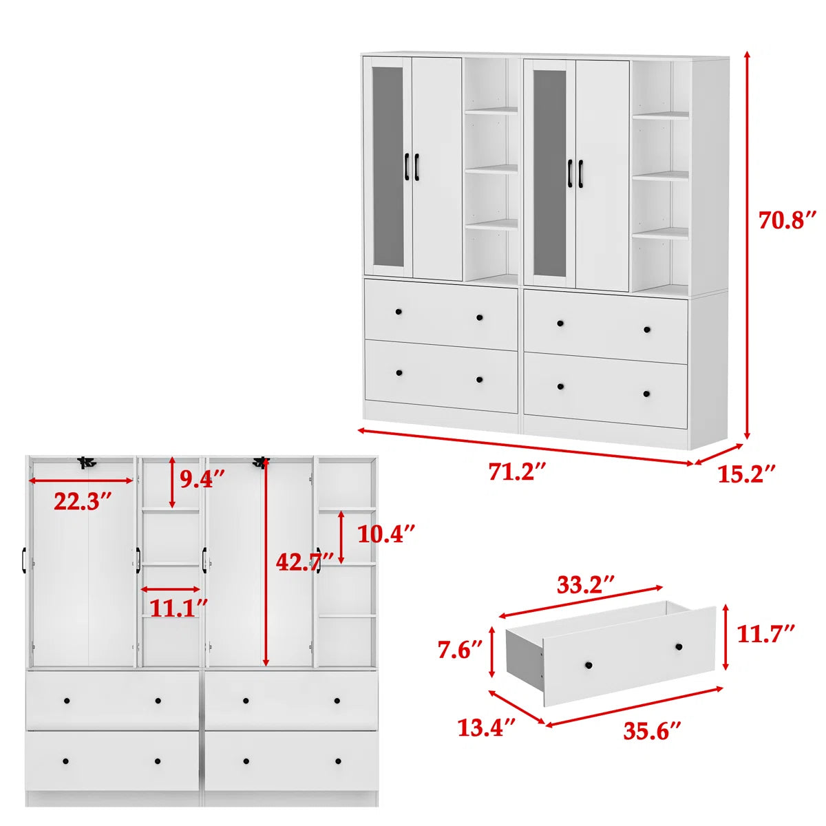 Malieka 71.2'' Wide 4 Drawer Armoire With Mirror