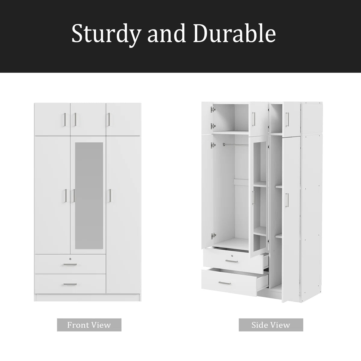 Izzat Wood Freestanding Wardrobe with Built-In Mirror, 2 Drawers and Top Cabinet