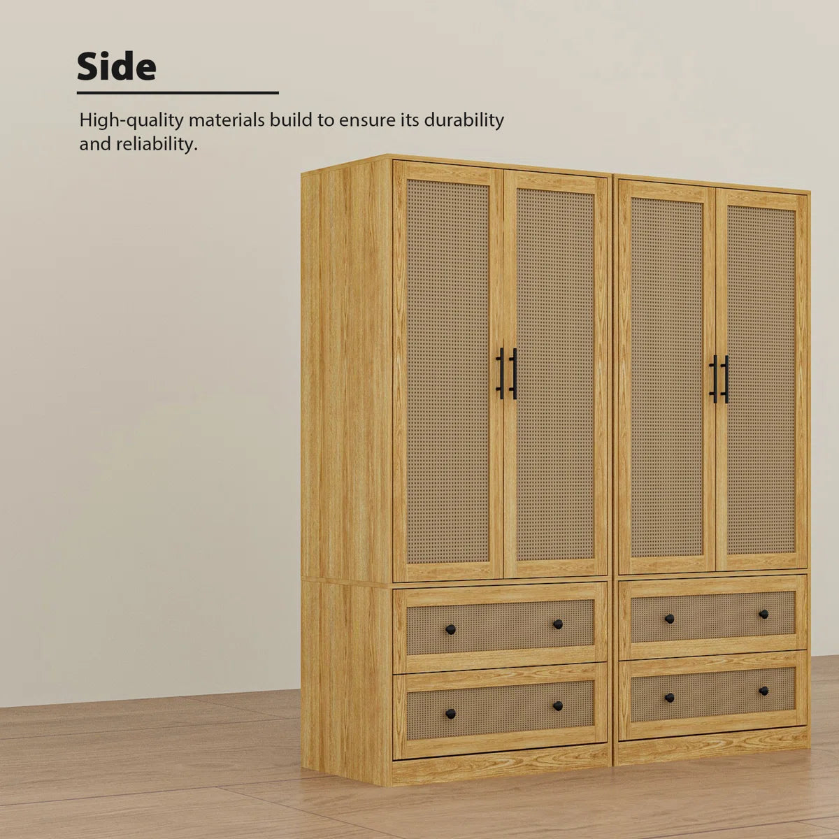 62.8" Wide 4-Rattan Door Wardrobe Closet Set With 4 Drawers & Anti-Tip Design