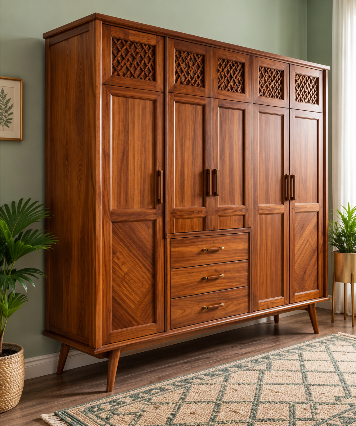 Premium 5 Door Wooden Wardrobe with 3 Drawers | Modern Bedroom Almirah in Walnut Finish | Large Clothes Storage Cabinet