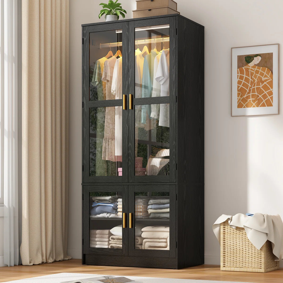4-Door 71" H Armoire With LED Sensor Light And Hanging Rod