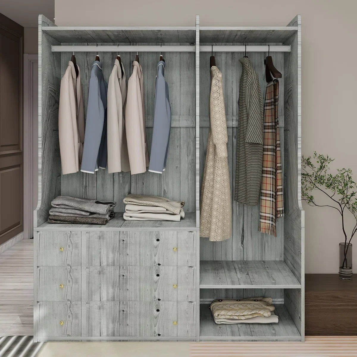 Open Wooden Wardrobe In Bedroom