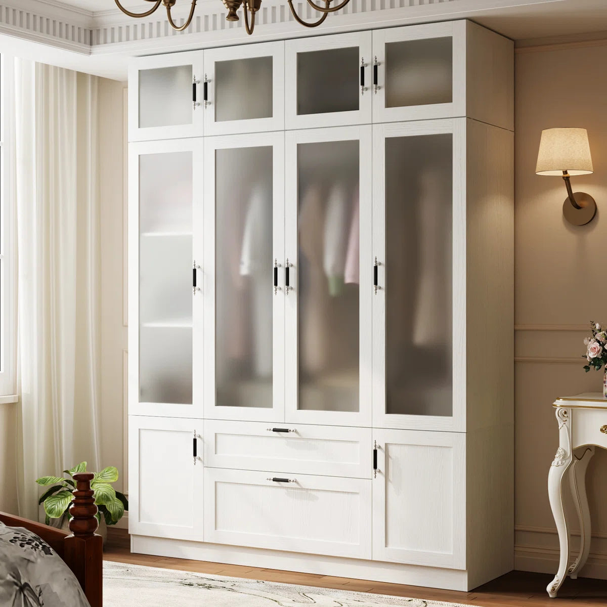 Meissalivve 6 Door Armoire Wardrobe Closet With Frosted Glass Door, 85.9''H Bedroom Clothing Storage Cabinet With 2 Drawers, Adjustable Shelves, Clothes Wardrobe Armoire With Top Cabinets, Wood Grain