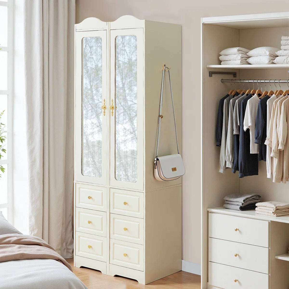 Armoire Wardrobe Closet & Wardrobe Cabinet With 6 Drawers And 2 Mirrors & With Hanging Rod & Sensor Lights