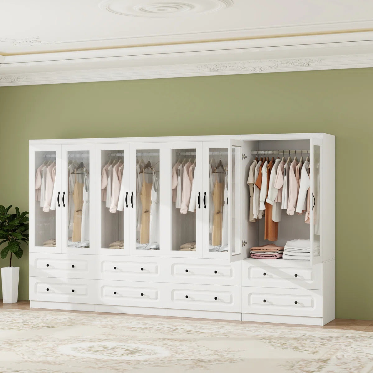 White Armoire Wardrobe Closet With 8 Doors, Black Handles, Deep Drawers, And Glass Doors – Large Wardrobe Closet For Bedroom, Closet Organizers and Storage, Wardrobe Closet With Drawers, White Closet