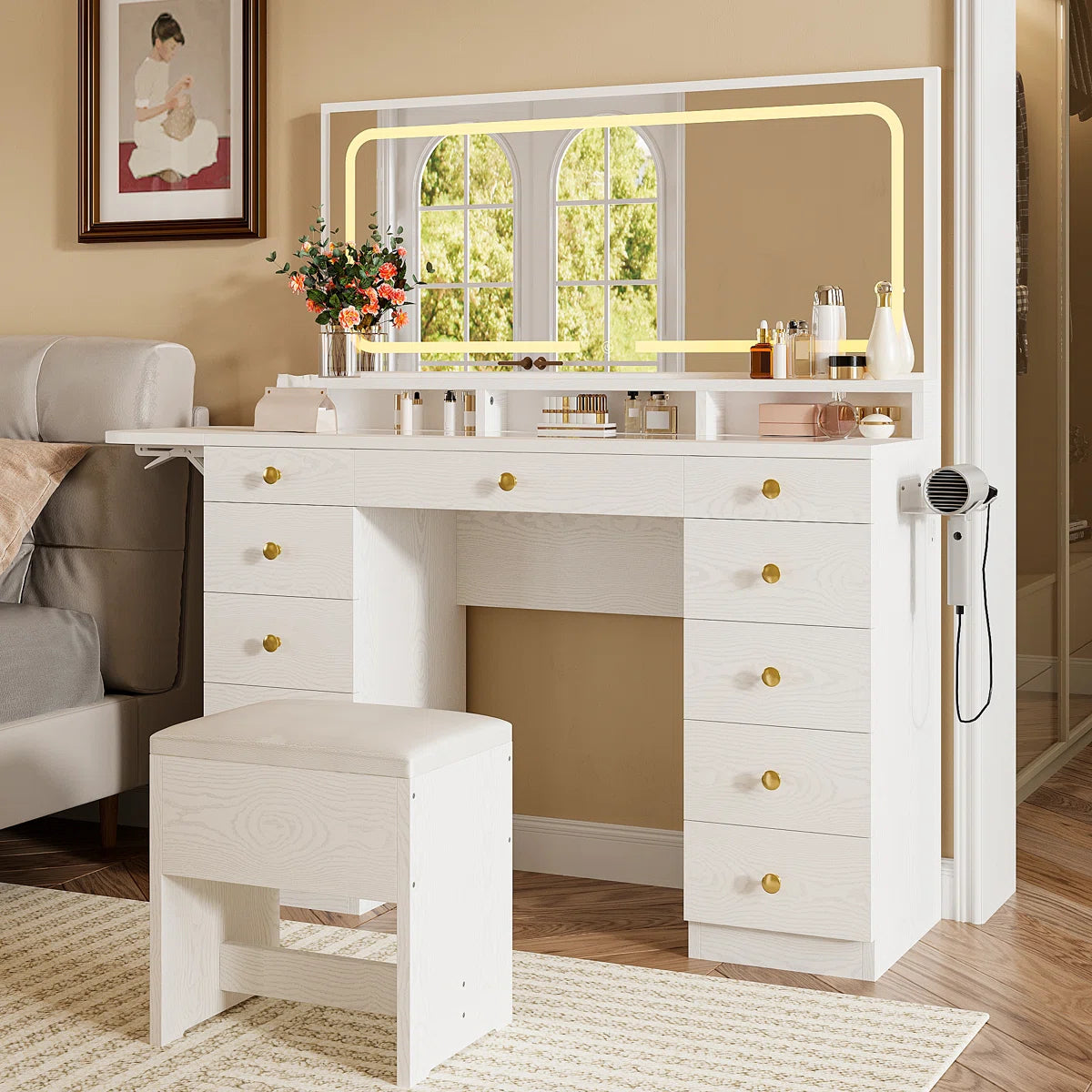 46’’ Makeup Vanity Set with LED Lights, Mirror, Power Outlet, 11 Drawers, and Matching Stool - OUCH CART| Dressing table 