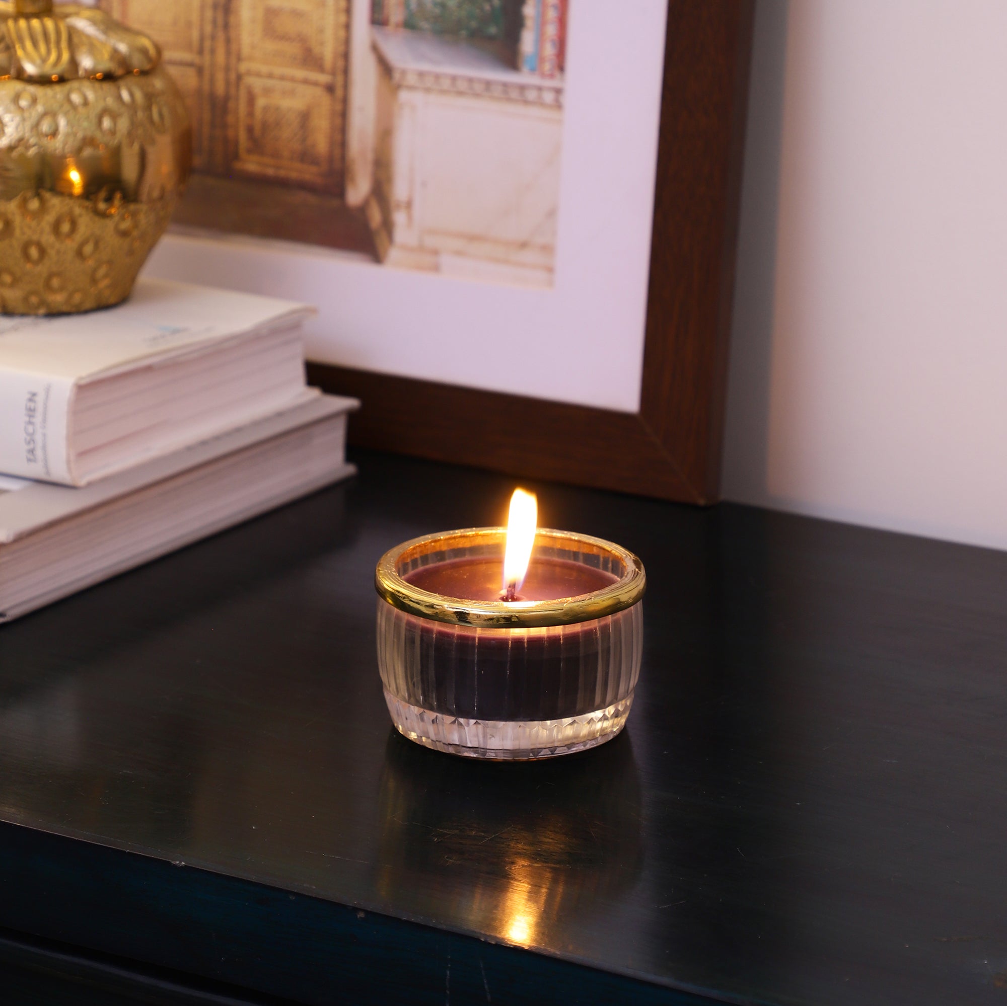 black velvet Scented candle glass jar with Golden Ring