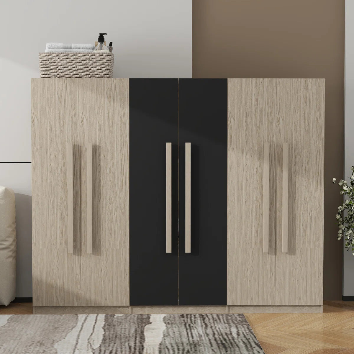 Wooden 6-Door Wardrobe Closet with 4 Drawers, Bedroom Storage Cabinet Armoire with Hanging Rods and Shelves, Clothes Organizer for Home,Black+Nature