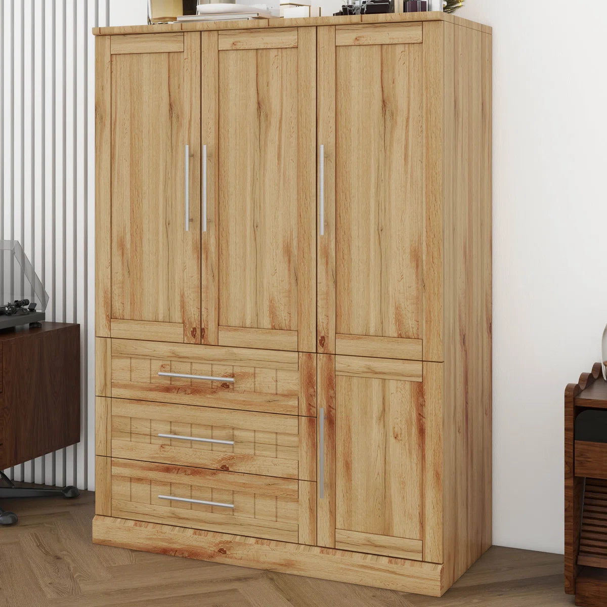 4 Door Wardrobe Armoire Closet With 3 Drawers And Hanging Rail