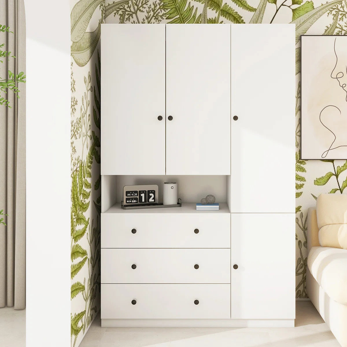 3-Door Wooden Wardrobe Armoires with Drawers, White