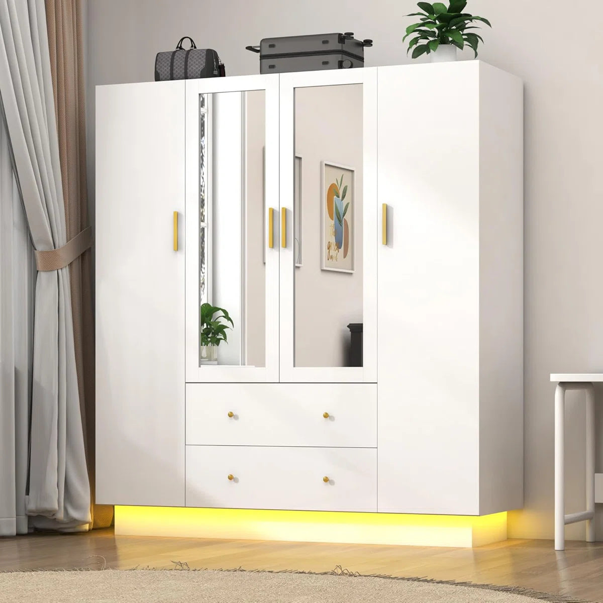 Armoire Wardrobe Closet With Mirror & Led Light, 4 Door Wooden Storage Cabinet With Drawers, Spacious Armoire With Hanging Rod & Adjustable Shelves