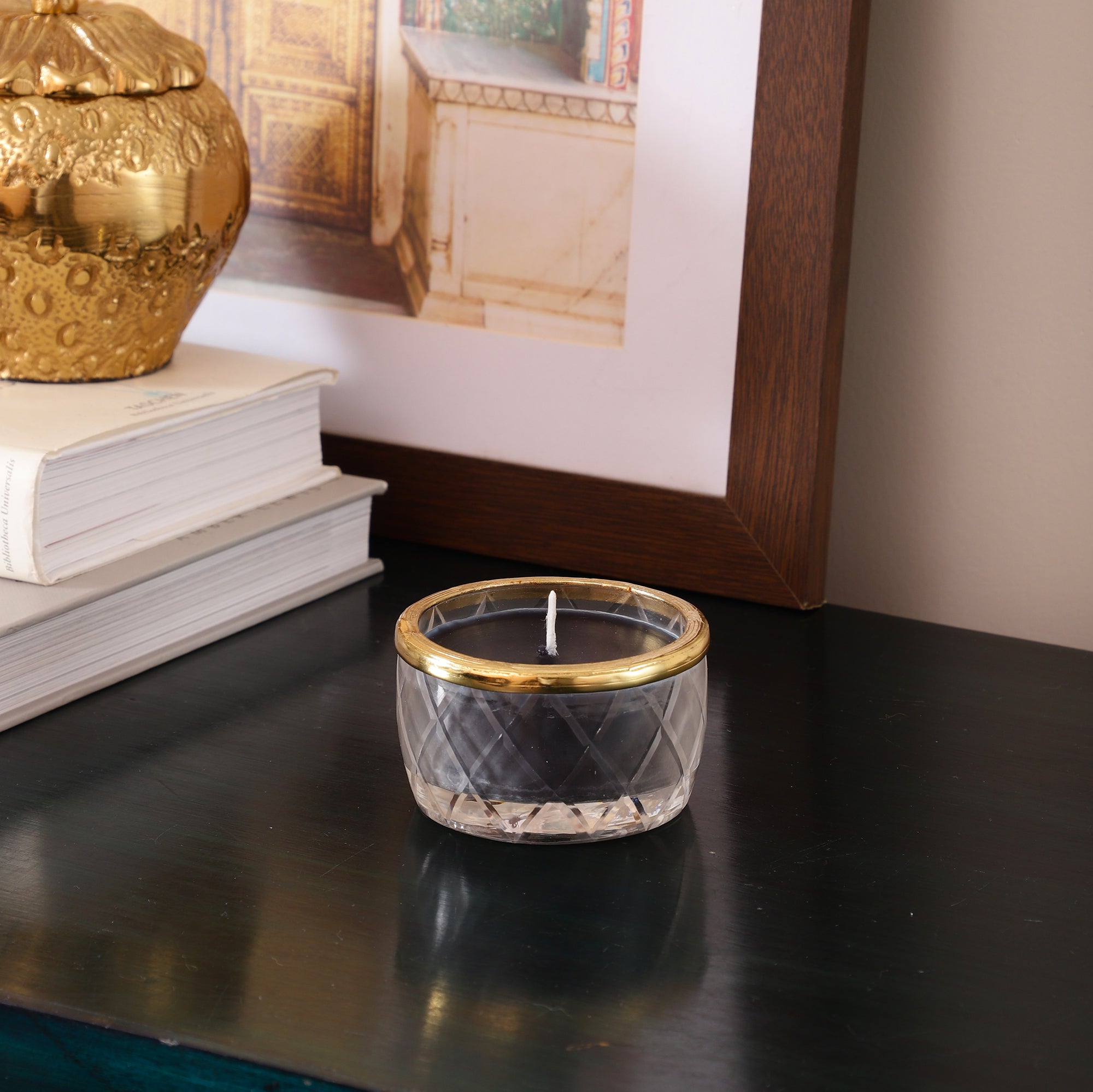 black velvet Scented candle jar with Golden Ring