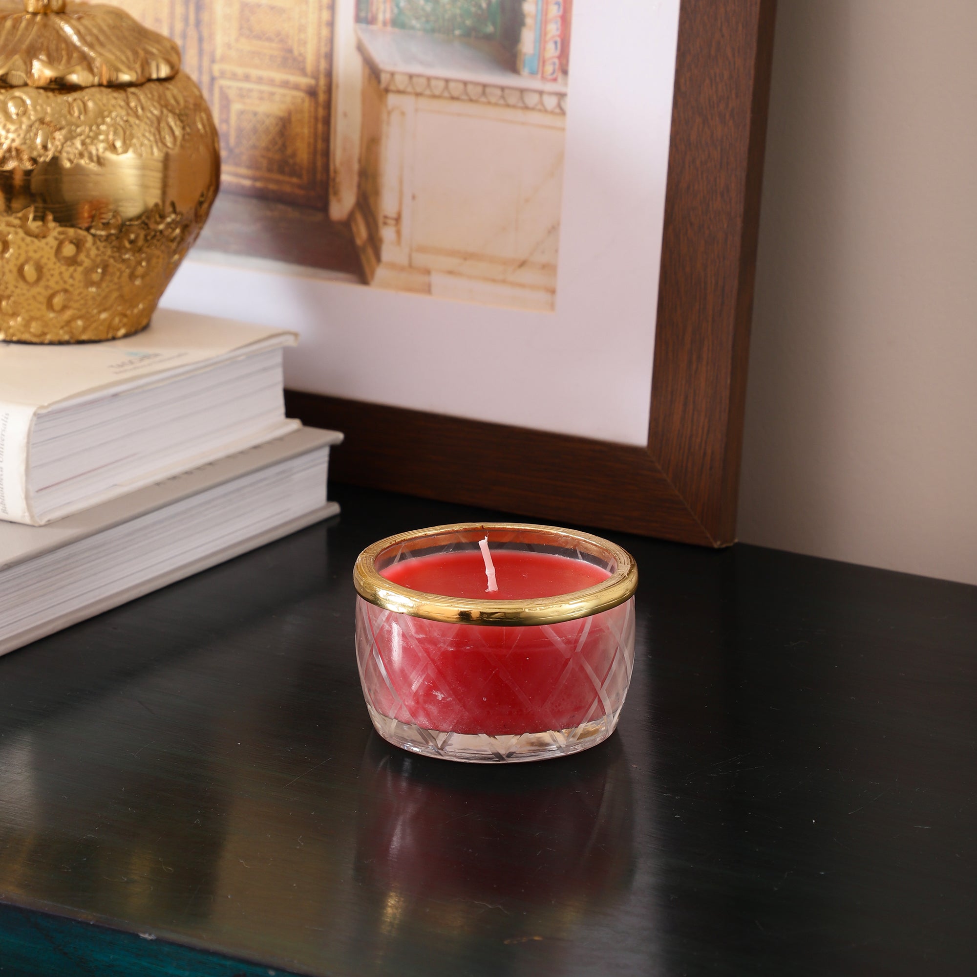 cherry blossom red scented candle jar with Golden ring