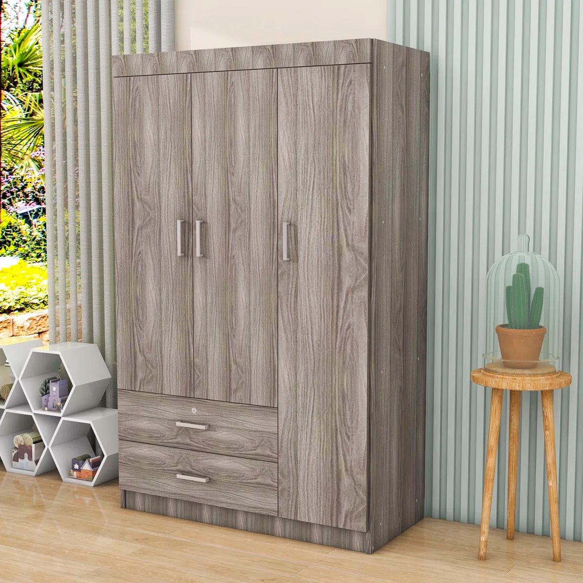 Carene Wood 2 Drawers 3-Doors Wardrobe with Shelves