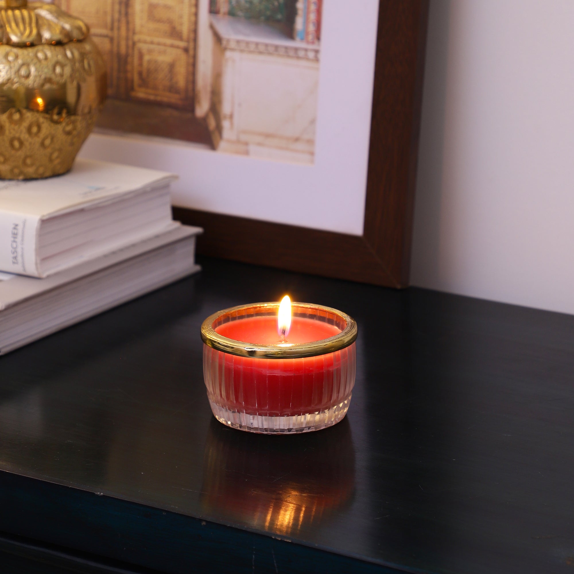 cherry blossom red scented candle glass jar with Golden ring