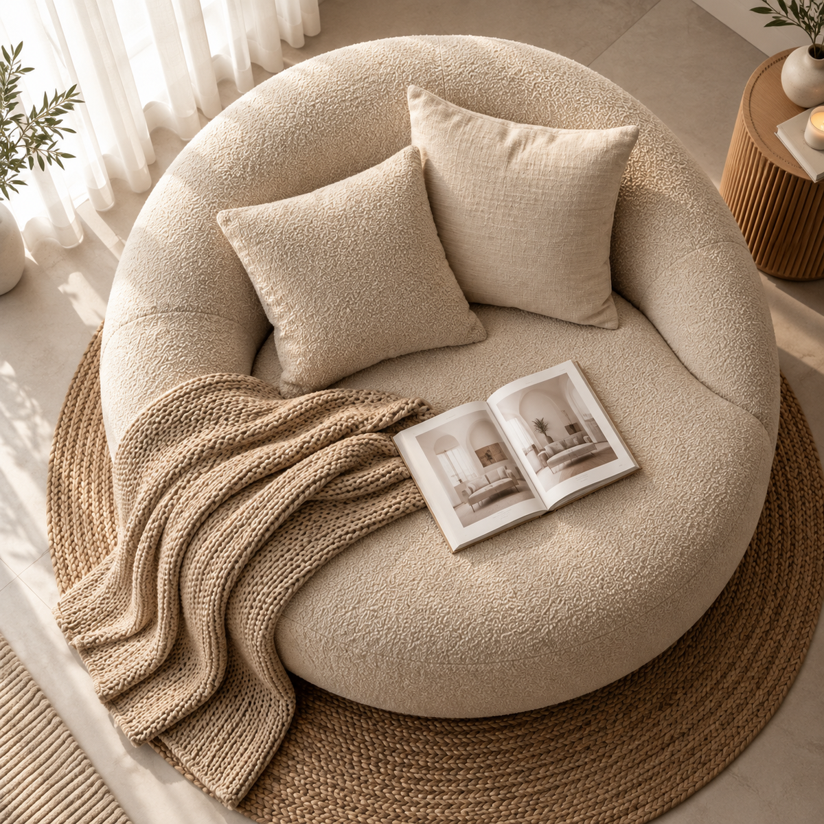 Modern Round Boucle Sofa Chair for Living Room, Oversized Curved Accent Chair with Plush Cushions, Cream Upholstered Lounge Chair for Bedroom, Reading Room & Relaxation