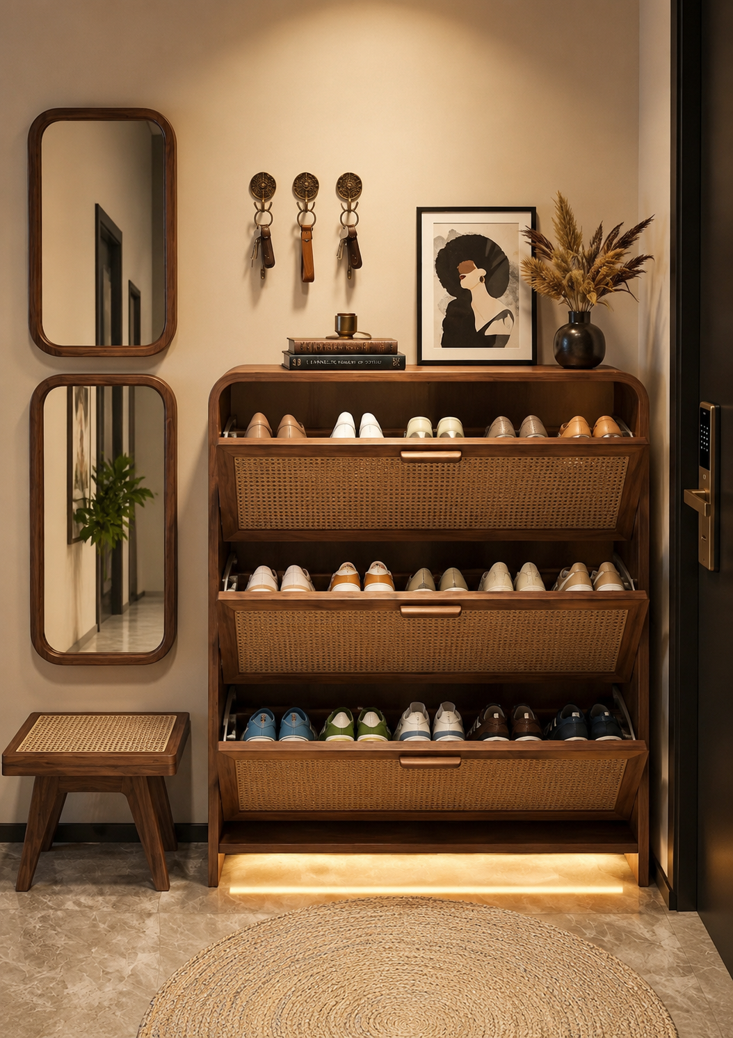 Modern Wooden Shoe Cabinet with Rattan Doors | 3-Tier Flip Drawer Shoe Storage Organizer | Space-Saving Entryway Shoe Rack for Home, Hallway & Living Room
