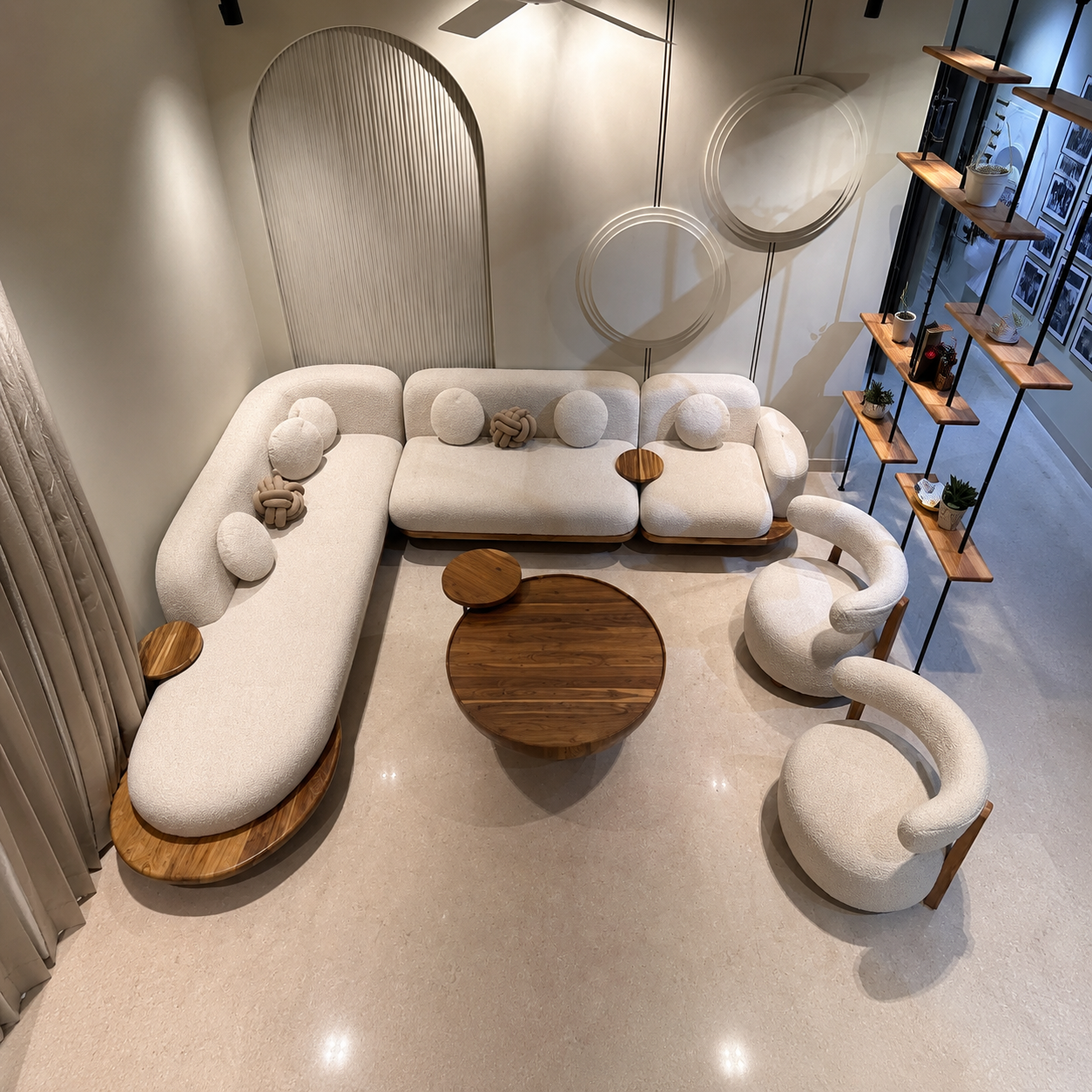 Luxury Curved Bouclé Sofa Set with 2 Accent Chairs & Wooden Coffee Table | Modern Designer Living Room Furniture Set