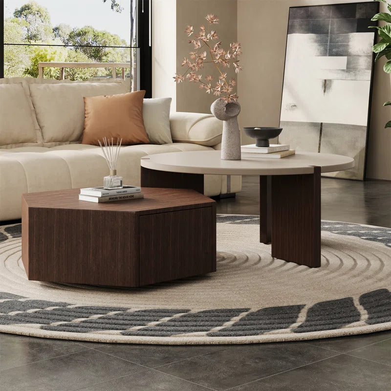 2-Piece Wooden Nested Coffee Table Set with Hidden Drawers Modern Living Room Furniture Stylish Multi-Functional Nesting Tables for Small