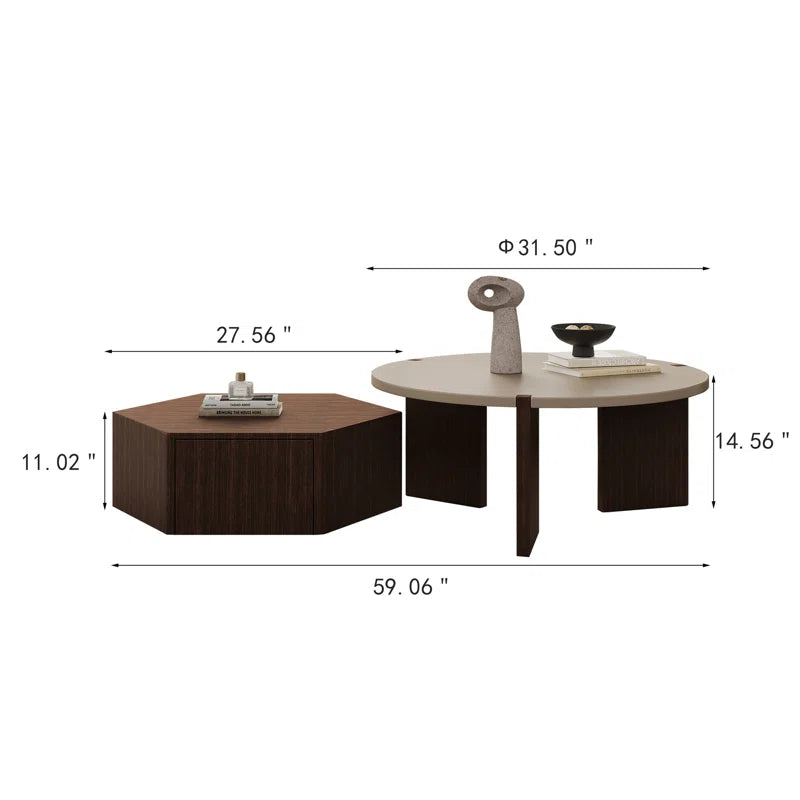 2-Piece Wooden Nested Coffee Table Set with Hidden Drawers Modern Living Room Furniture Stylish Multi-Functional Nesting Tables for Small