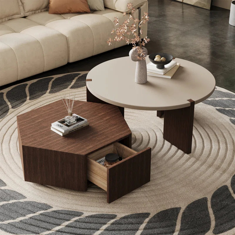 2-Piece Wooden Nested Coffee Table Set with Hidden Drawers Modern Living Room Furniture Stylish Multi-Functional Nesting Tables for Small