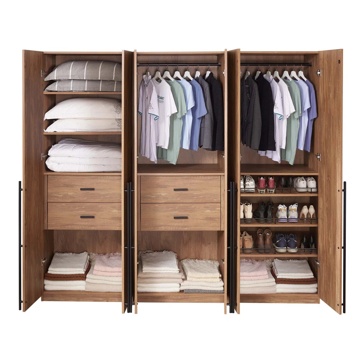 Lee Freestanding 3-Piece Module Wardrobe Closet with 2 Hanging Rods, 4 Drawers, 3 Shoe Storage and 6 Shelves