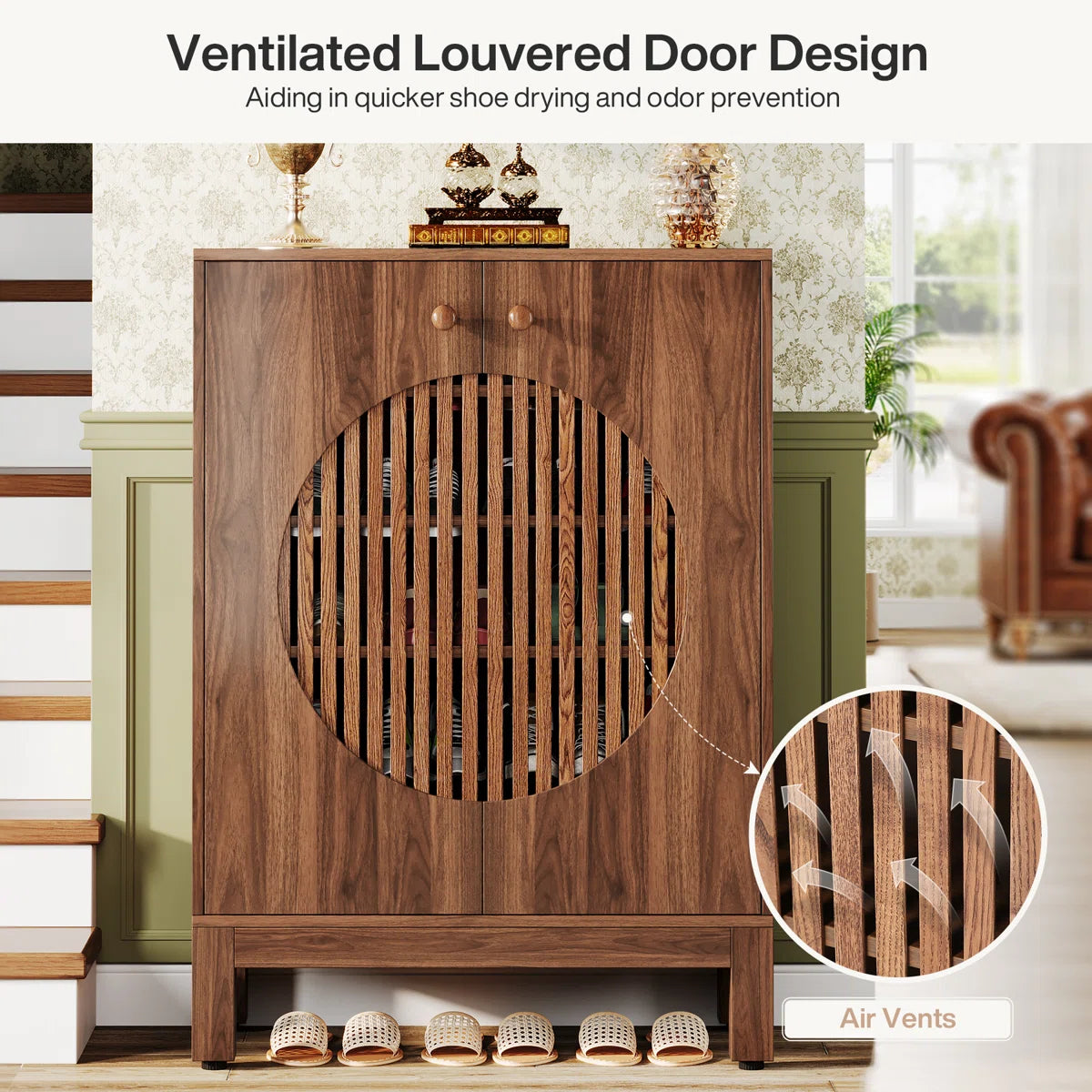Ventilated Shoe Storage Cabinet with Adjustable Shelves, Wooden Entryway Shoe Organizer for 20 Pairs
