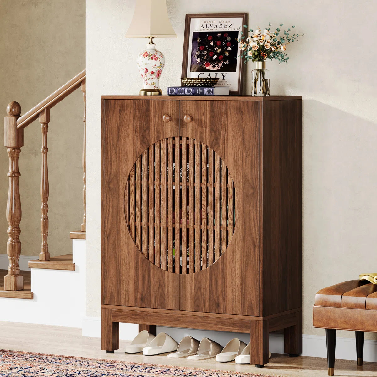 Ventilated Shoe Storage Cabinet with Adjustable Shelves, Wooden Entryway Shoe Organizer for 20 Pairs