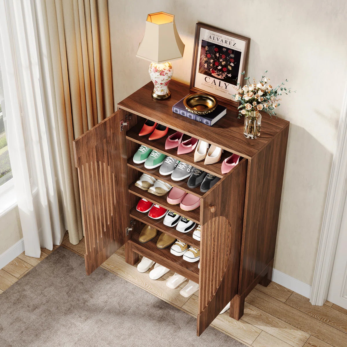 Ventilated Shoe Storage Cabinet with Adjustable Shelves, Wooden Entryway Shoe Organizer for 20 Pairs