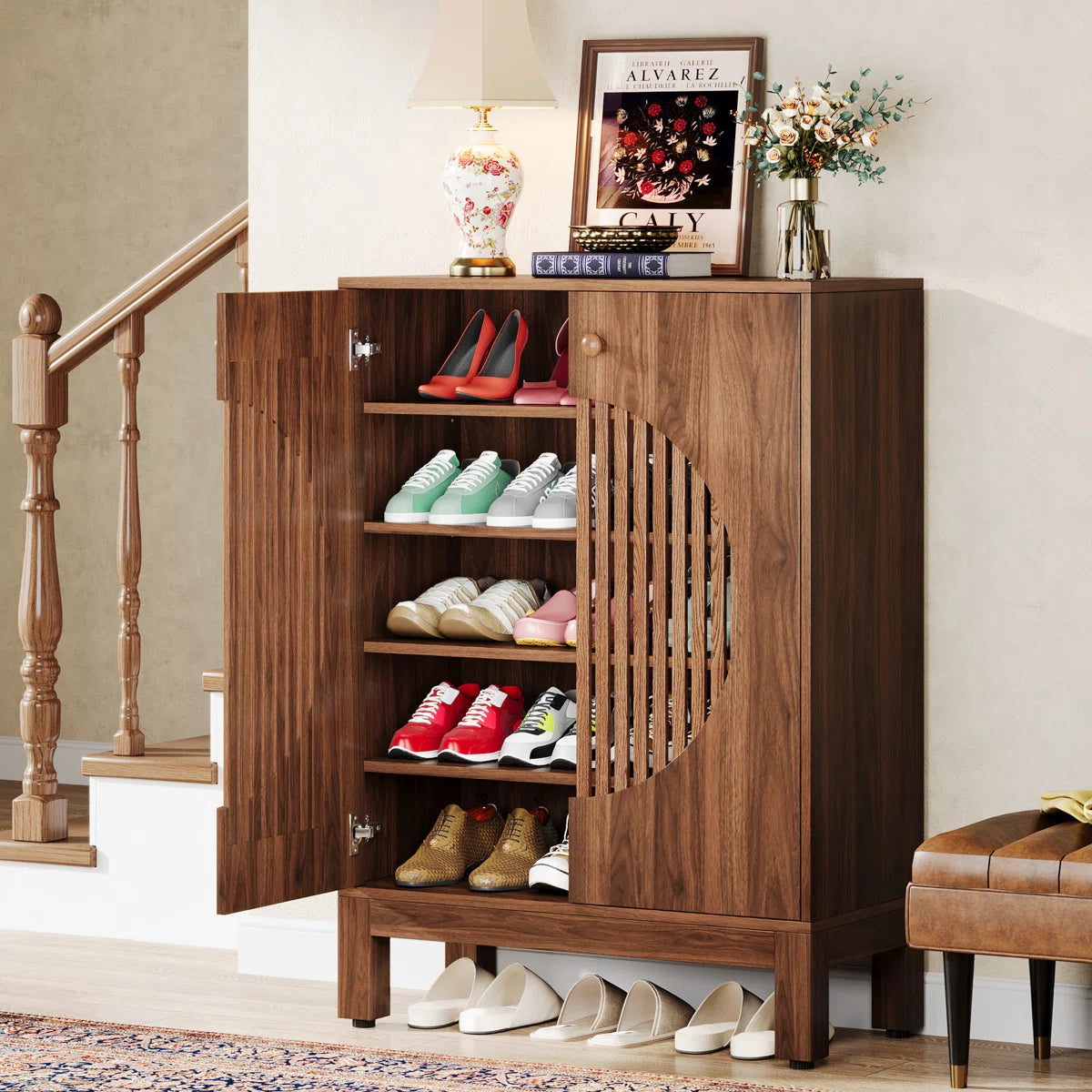 Ventilated Shoe Storage Cabinet with Adjustable Shelves, Wooden Entryway Shoe Organizer for 20 Pairs