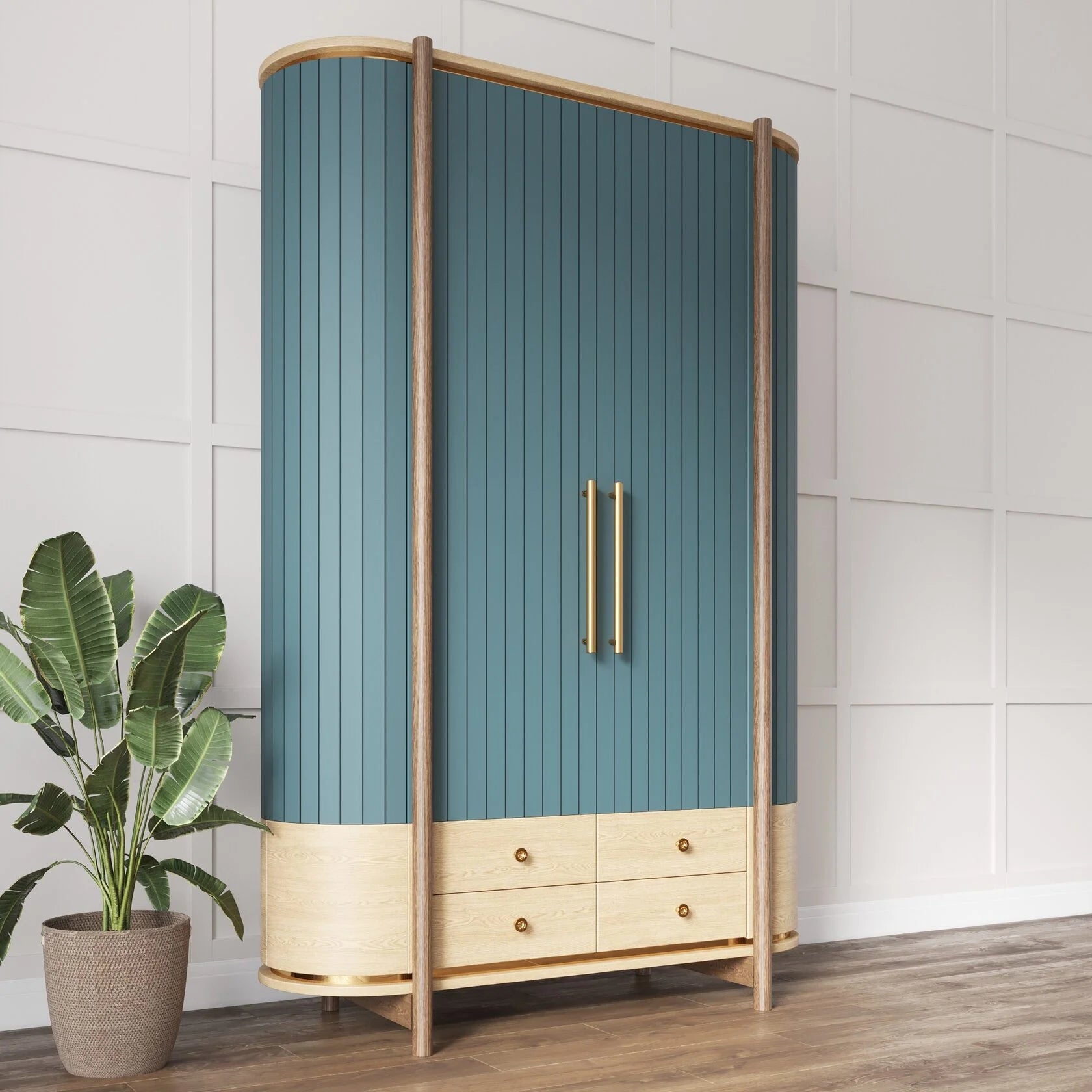 Modern 2 Door Wooden Wardrobe with 4 Drawers | Fluted Panel Bedroom Almirah | Scandinavian Storage Cabinet