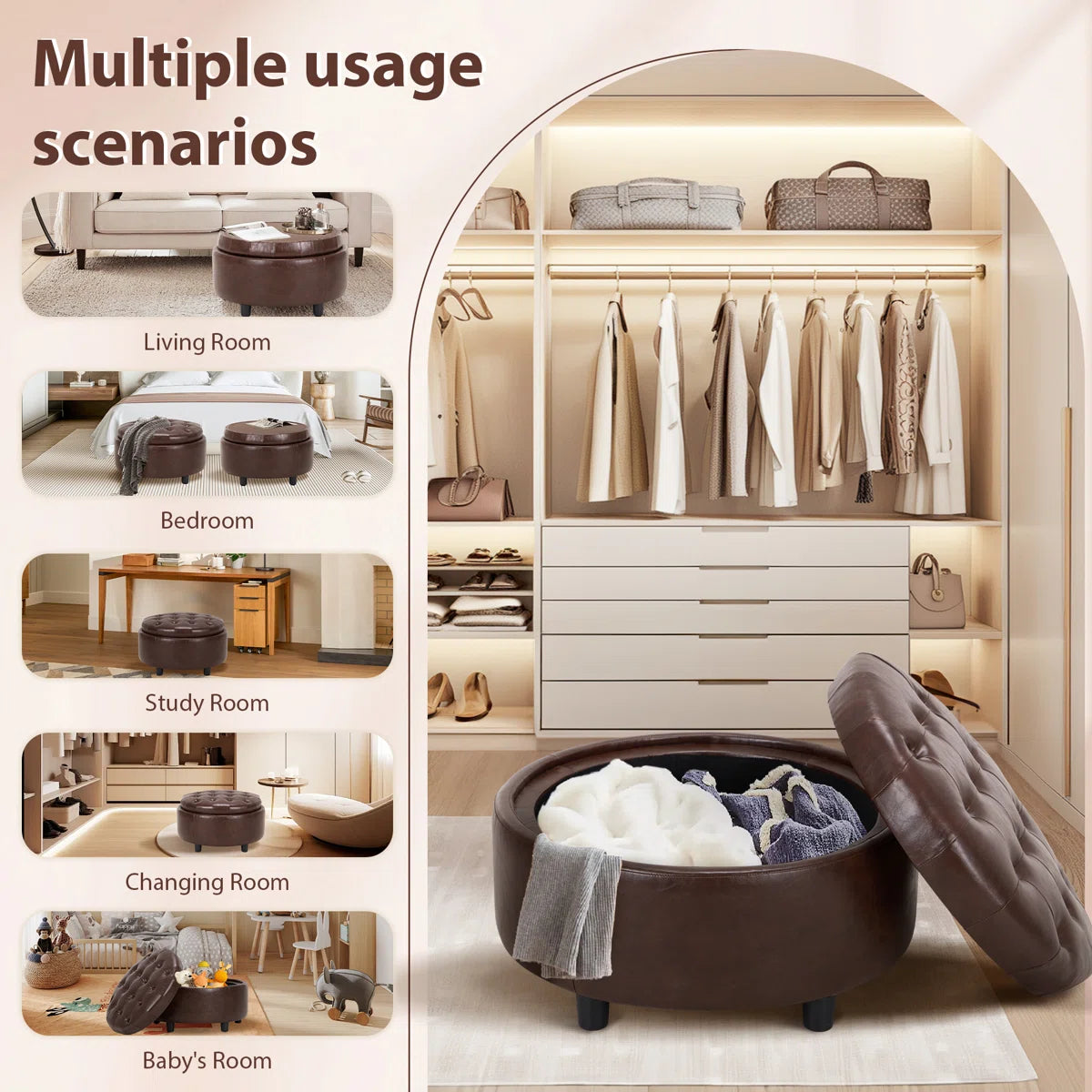 Oversized Upholstered Round Storage Ottoman